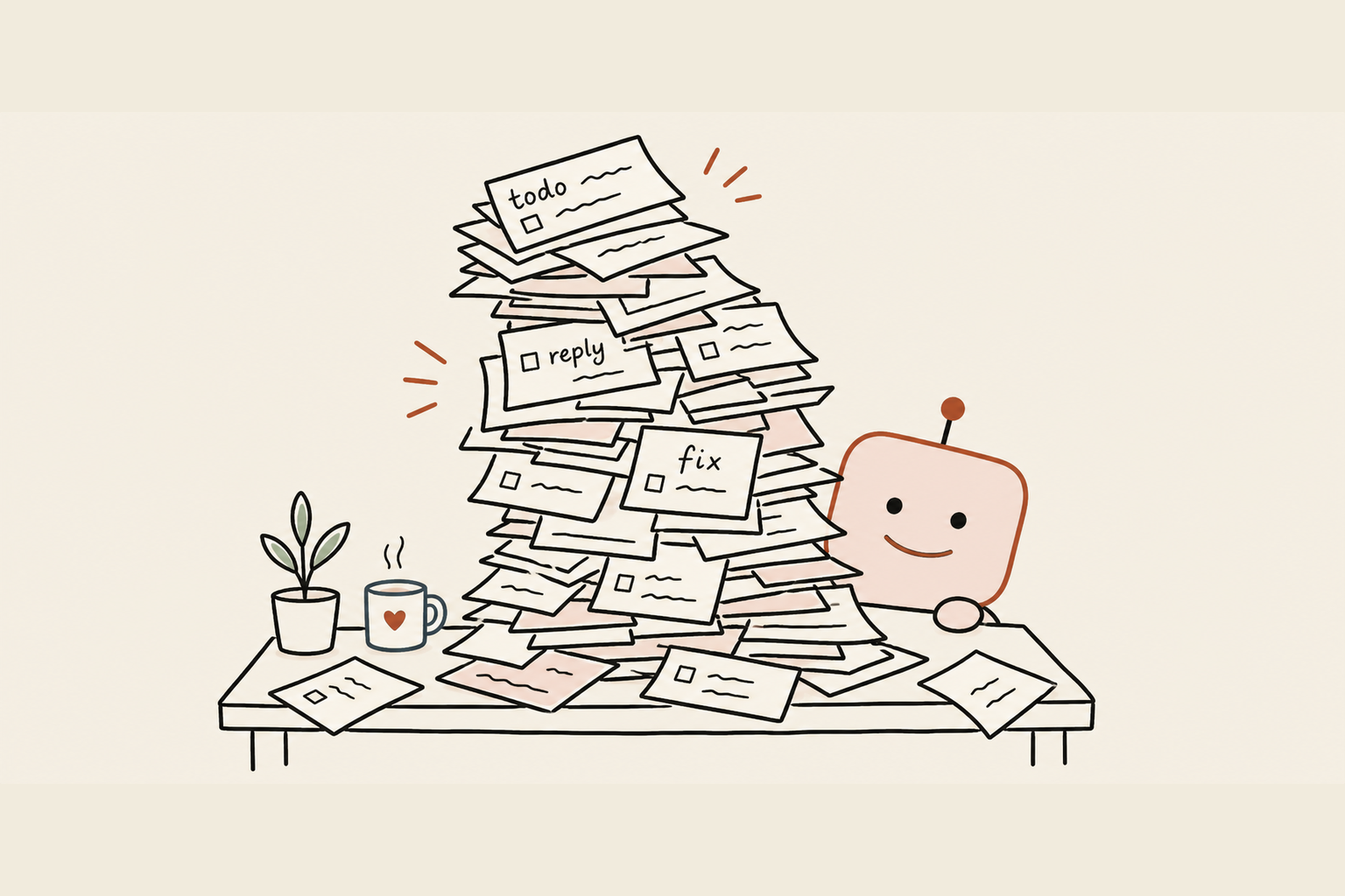 a desk buried under a tall, leaning pile of small paper tasks