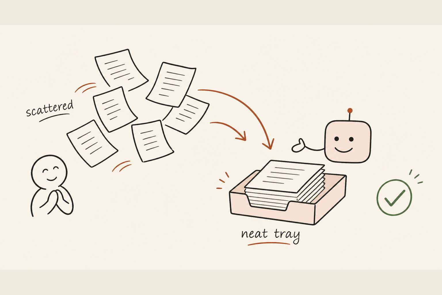 the same scattered papers gliding into a calm, neat tray