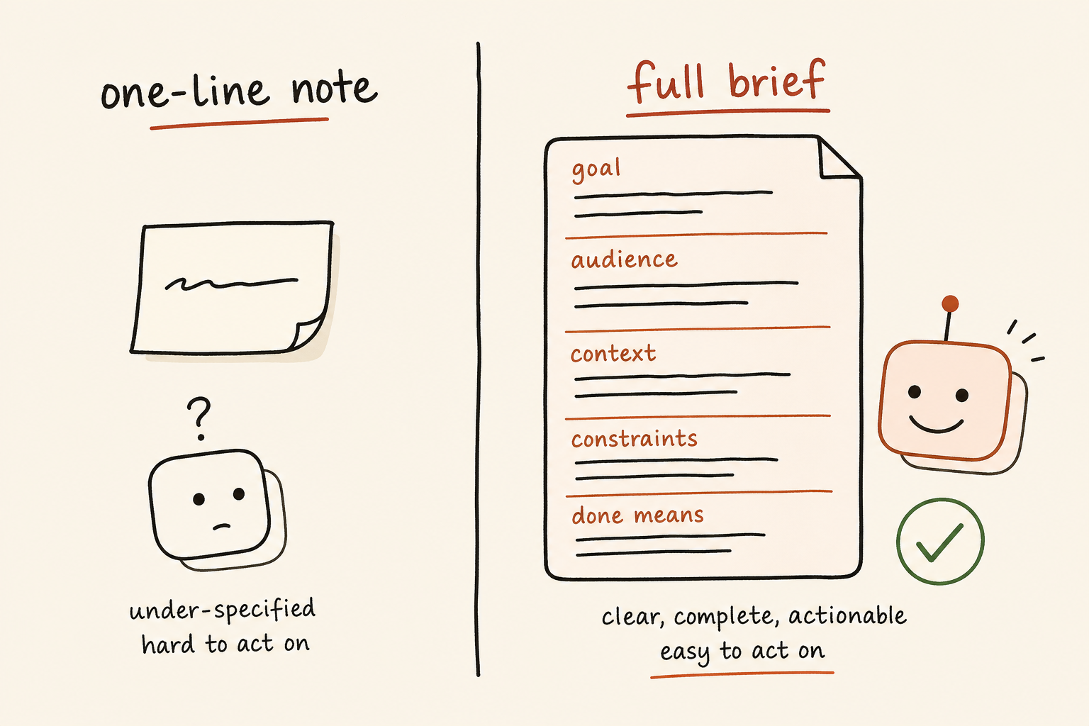A one-line note versus a full, clearly labelled brief side by side