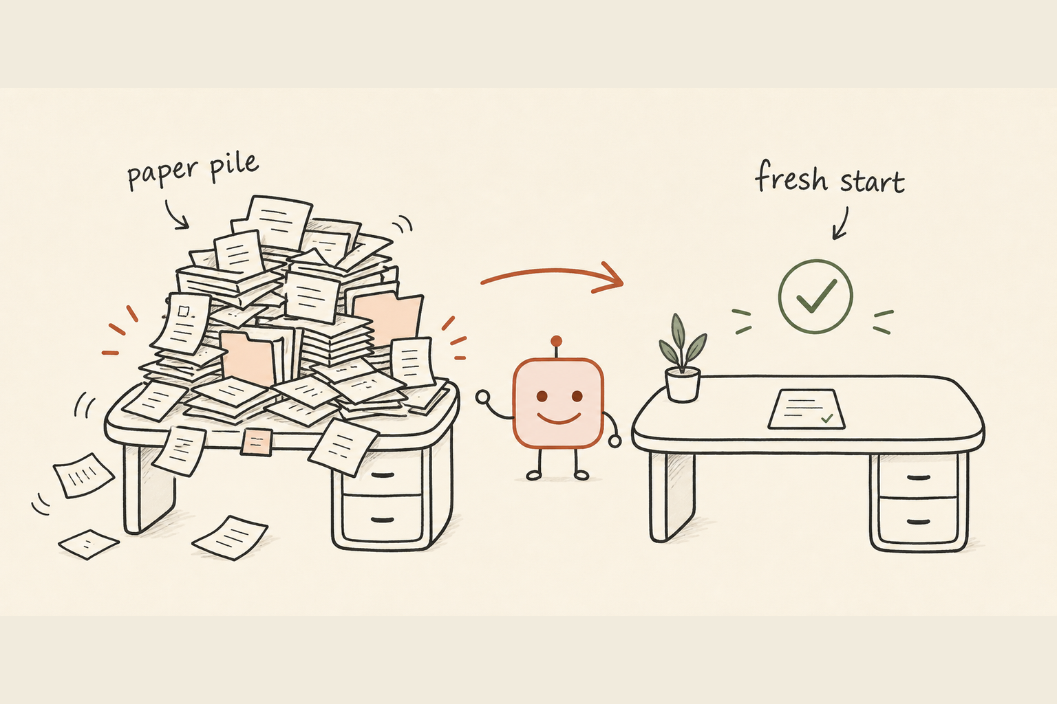 a desk slowly piling up with paper until it overflows, and a clean fresh desk beside it