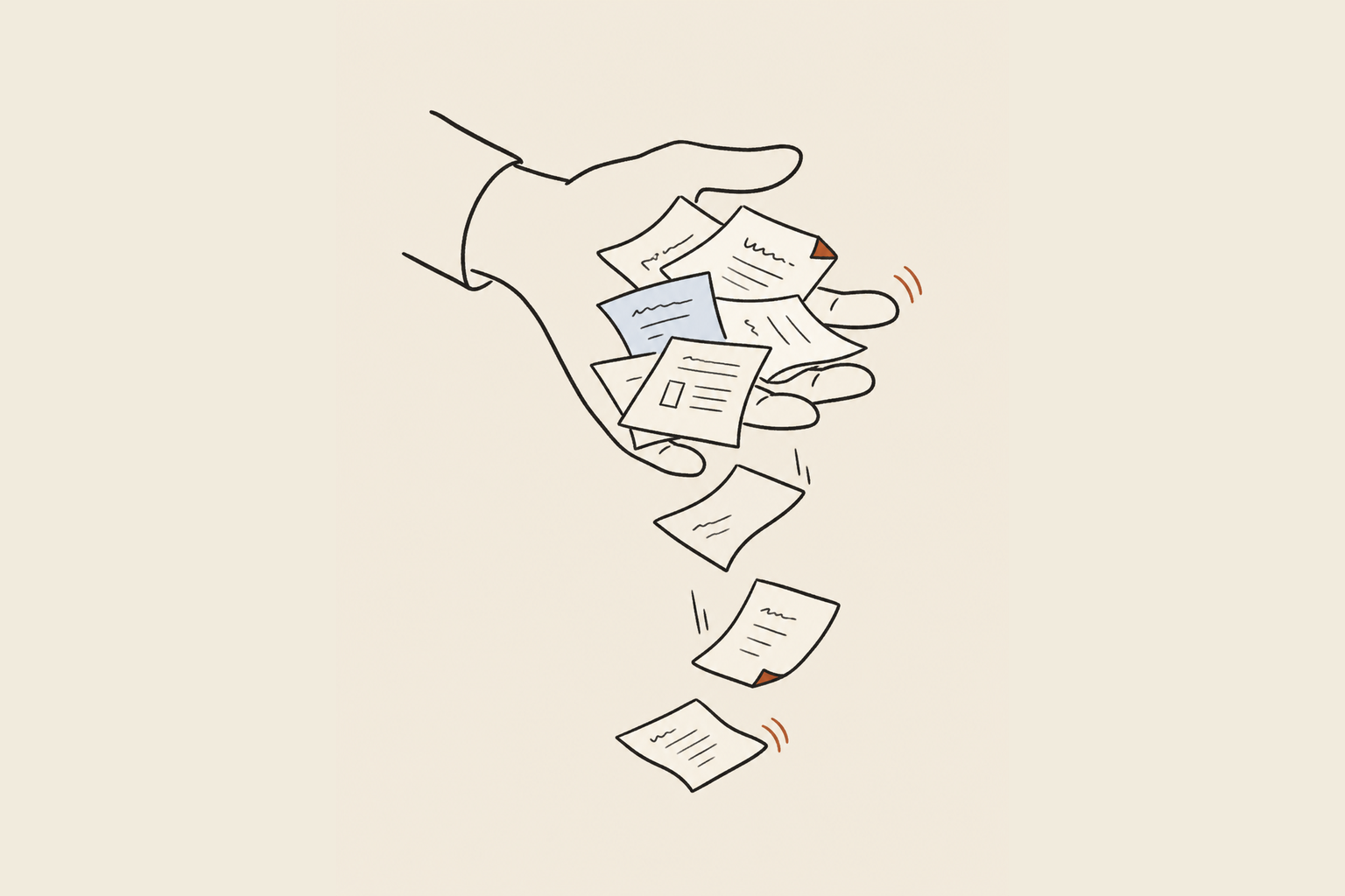 A loose handful of papers about to slip through open fingers