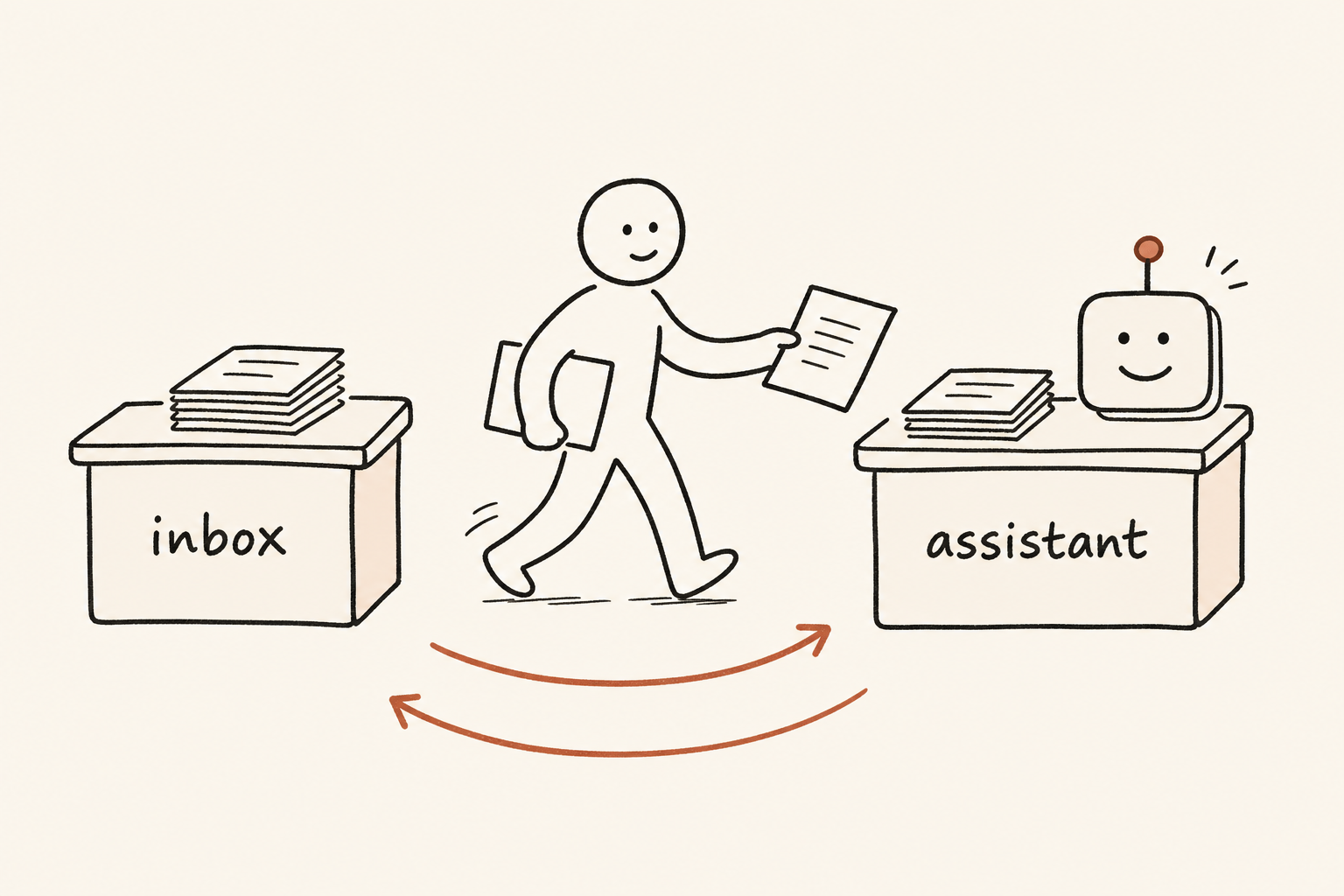 A person hand-carrying single sheets back and forth between two desks, one labelled inbox, one labelled assistant