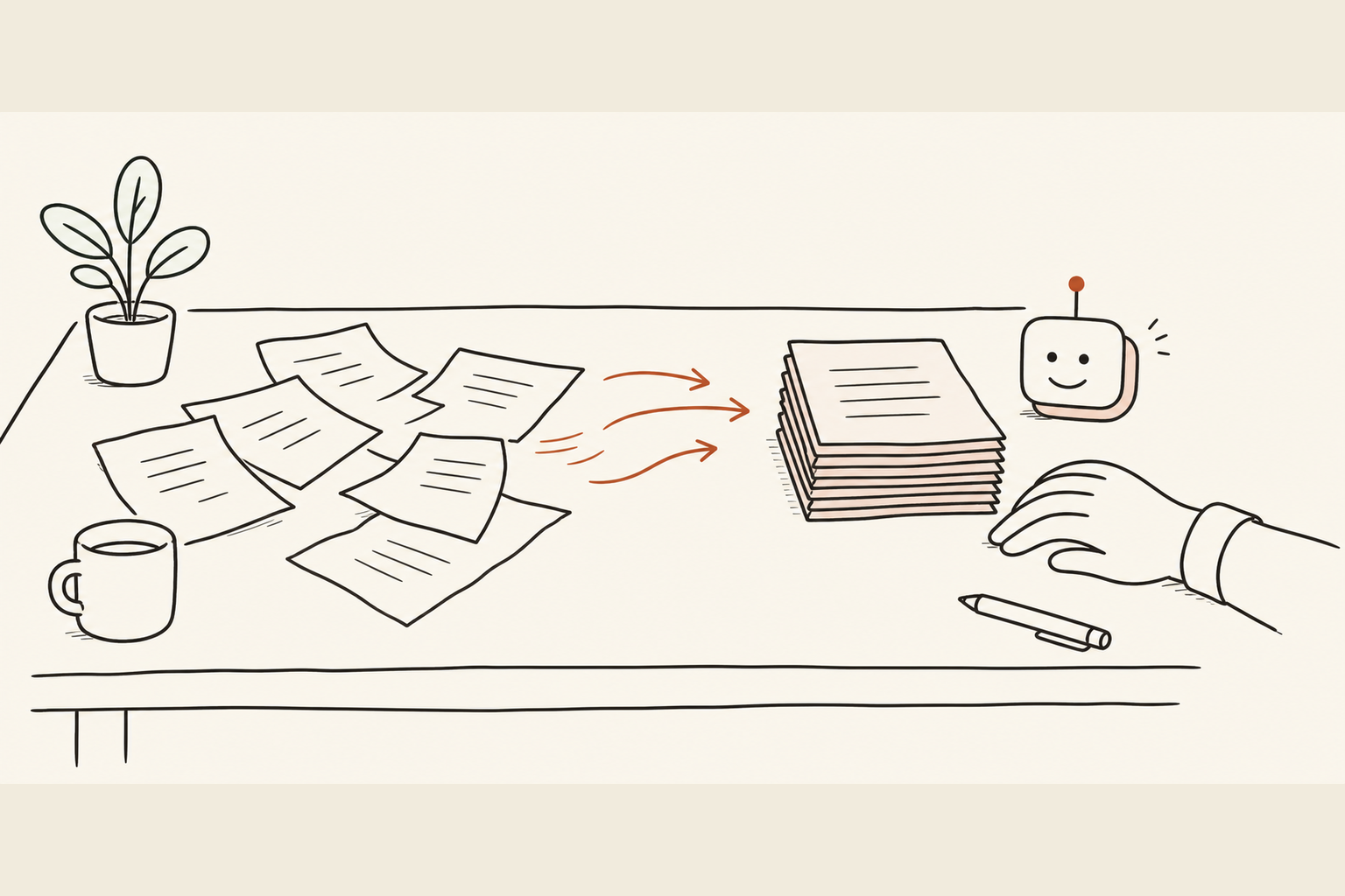 A single tidy desk where scattered papers flow into one neat, sorted stack, a calm hand resting nearby