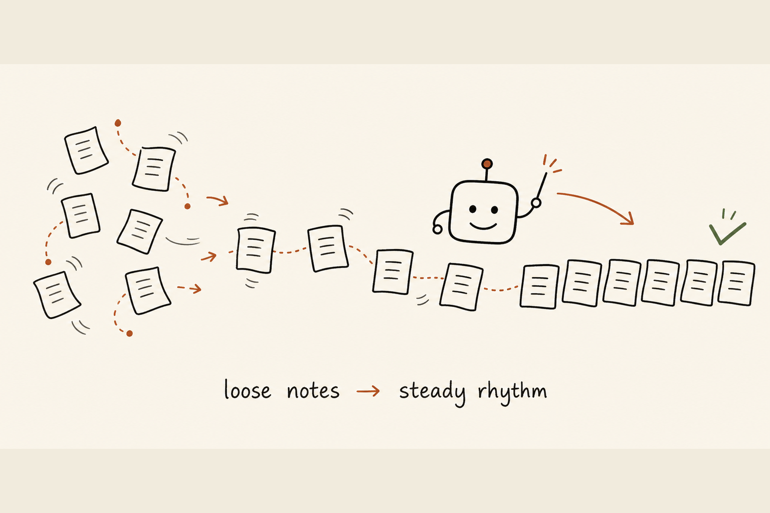 A scatter of loose notes slowly settling into one tidy, repeating rhythm