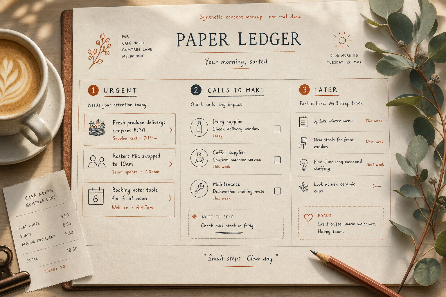 A cafe owner's scattered morning notes, supplier texts and roster changes, folded into one short opening brief