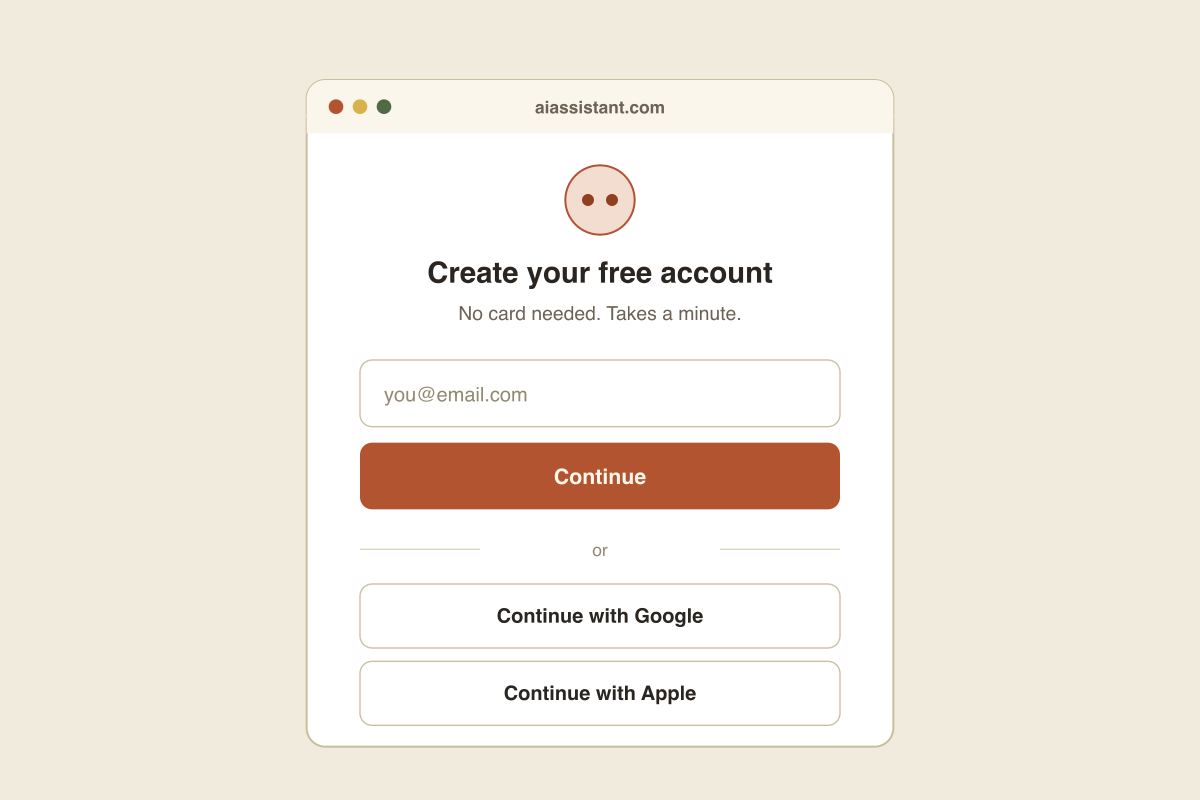 The sign-up screen: create your free account with an email or a Google or Apple login, no card needed